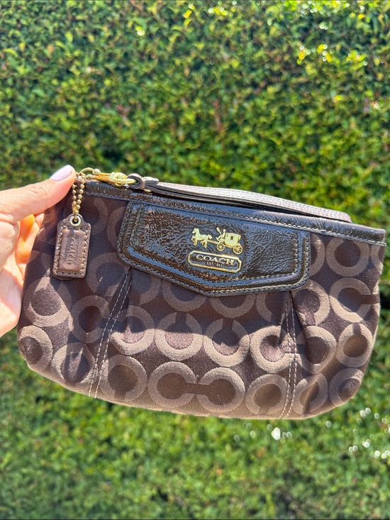 Coach Handbags - Vintage Large Coach Brown Signature Canvas Wristlet with Gold Accent